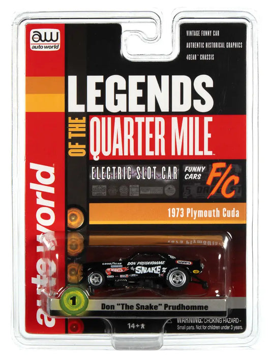Die-cast model of a 1973 Plymouth Cuda Don, Auto World SC376 R1 Legends packaging