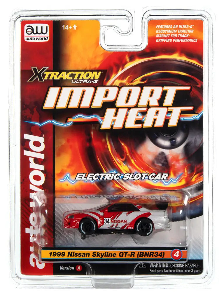Packaged toy car model of a red Nissan Skyline GT-R from Auto World SC378 Xtraction UltraG Slot Car
