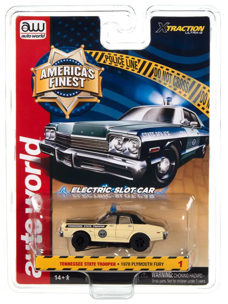 Packaged toy police car from Auto World Xtraction Americas Finest collection model