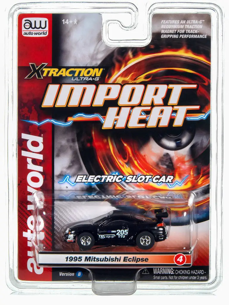 Packaged toy car model of a 1995 Mitsubishi Eclipse from Auto World Xtraction Import Heat