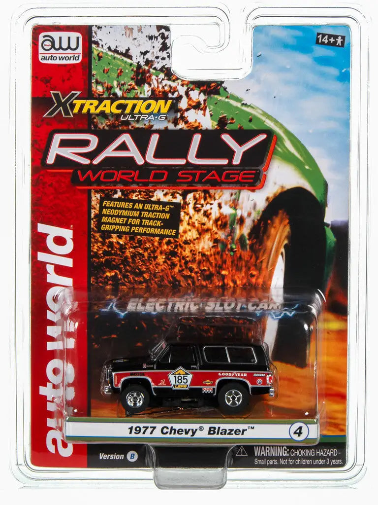 Packaged toy car model of a 1977 Chevy Blazer in AUTO WORLD Xtraction Rally style