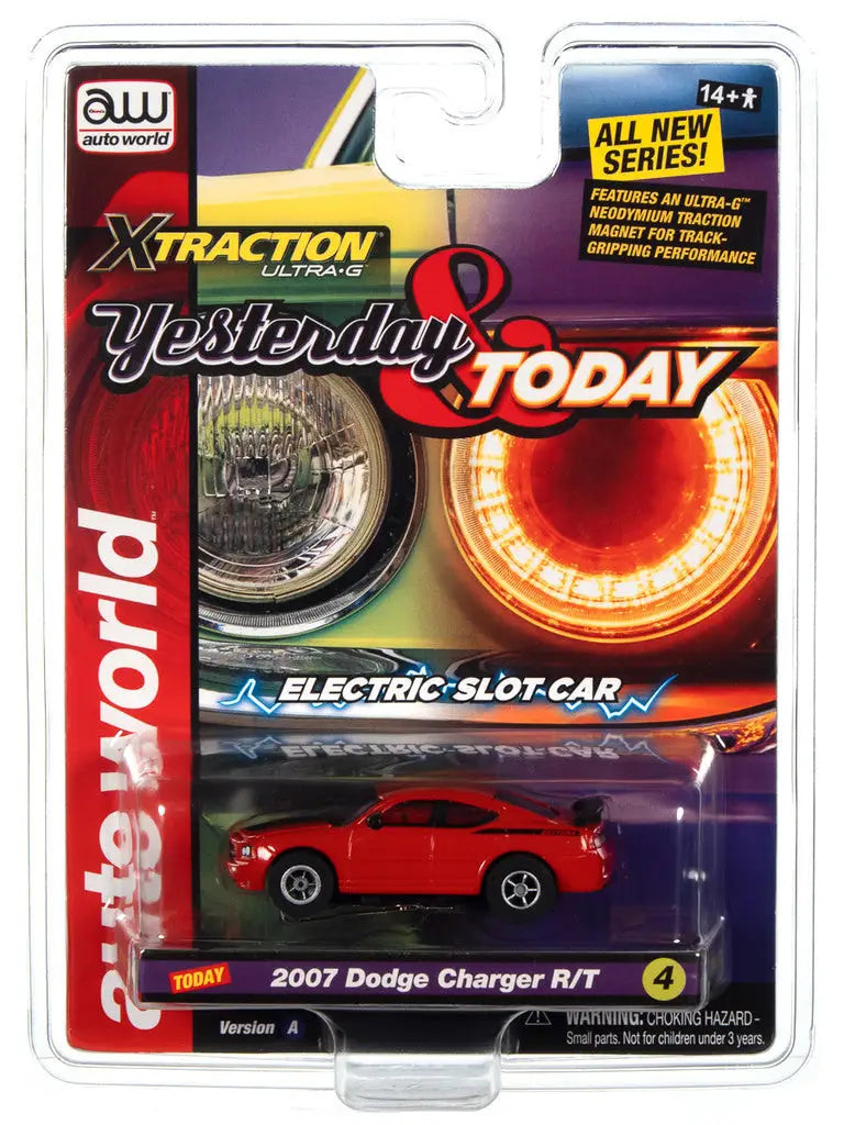 Red 2007 Dodge Charger R/T toy car in packaging from Auto World Yesterday & Today series