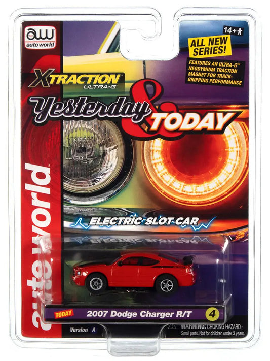 Red 2007 Dodge Charger R/T toy car in packaging from Auto World Yesterday & Today series