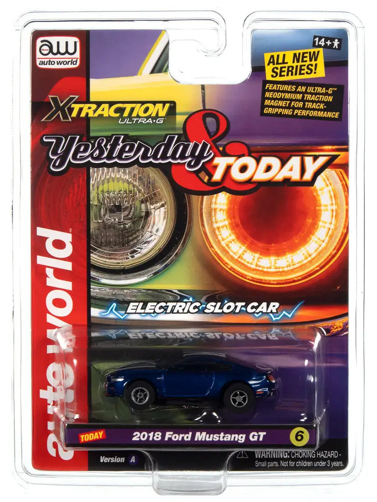 Blue 2018 Ford Mustang GT toy car in retail packaging from Auto World Yesterday collection