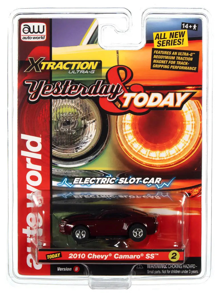 Packaged Auto World Yesterday Camaro SS Maroon toy slot car in burgundy color