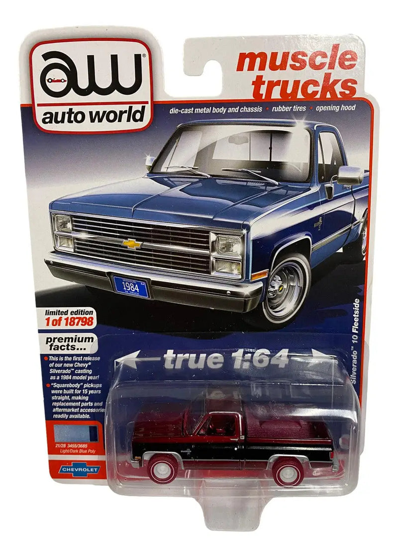 Die-cast model of a vintage Chevrolet Silverado pickup truck in packaging for muscle trucks