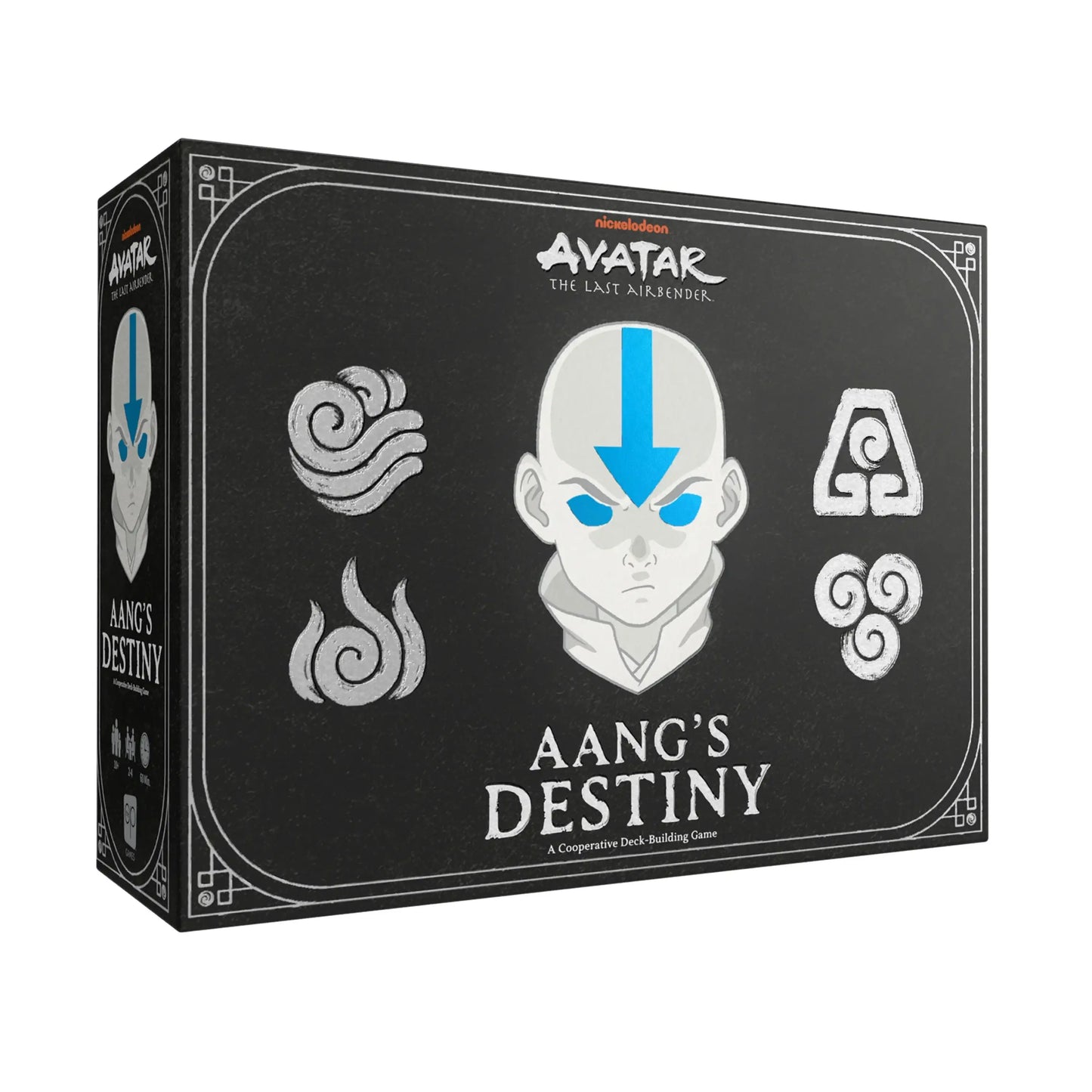Black board game box for Aang’s Destiny featuring elemental symbols from Avatar: The Last Airbender