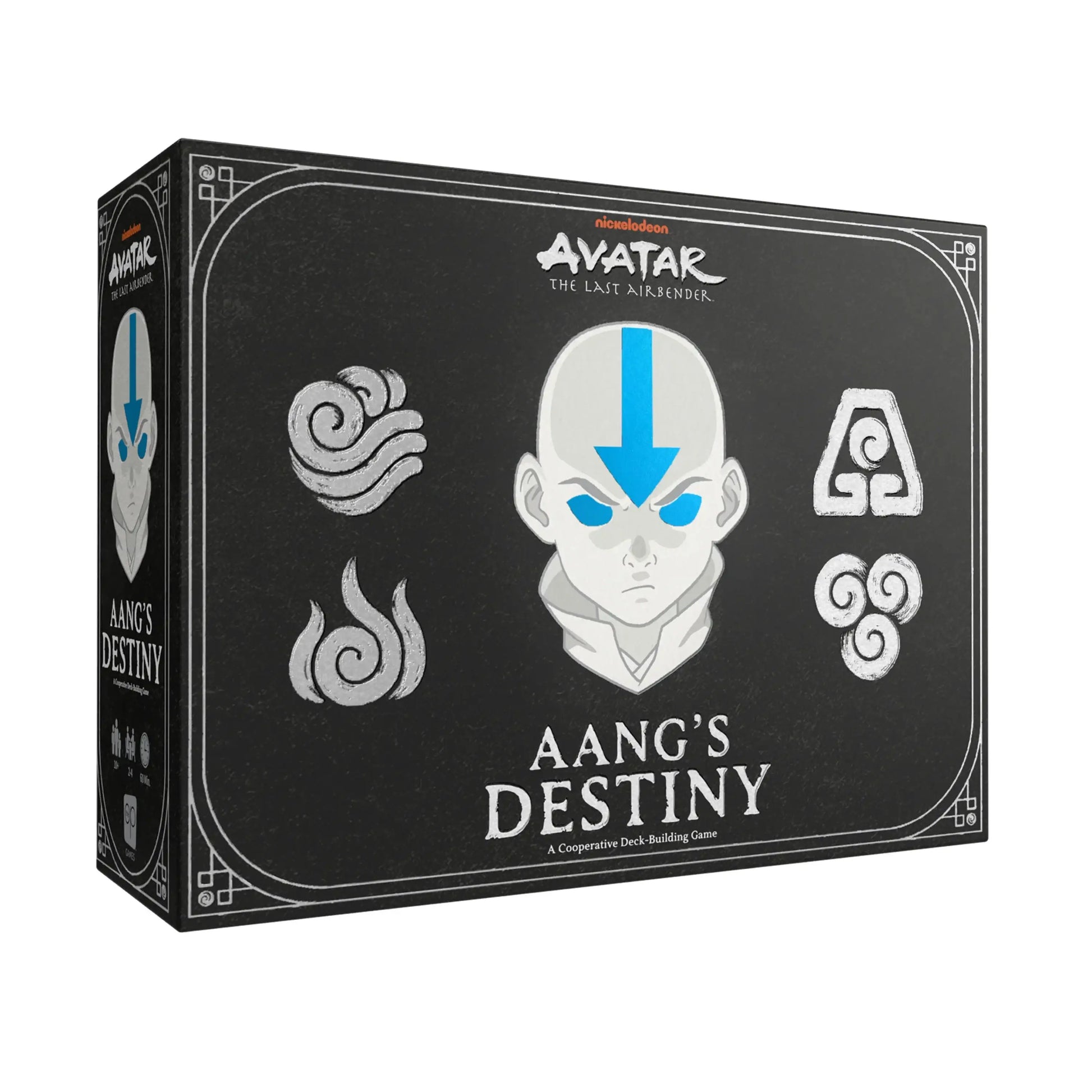 Black board game box for Aang’s Destiny featuring elemental symbols from Avatar: The Last Airbender