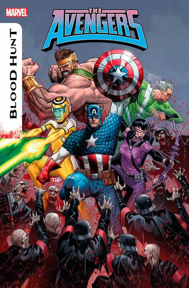 Avengers #14 blood hunt comic cover featuring the team battling zombies for trading cards