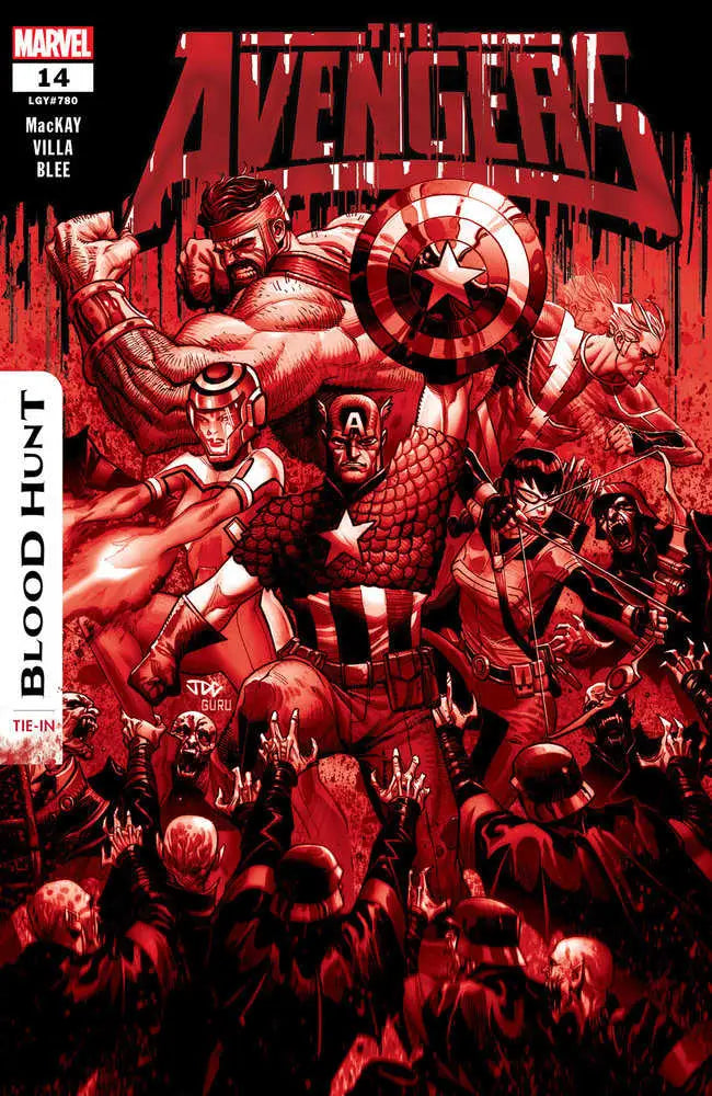 Comic book cover of Avengers #14 in red tones featuring heroes in blood hunt action