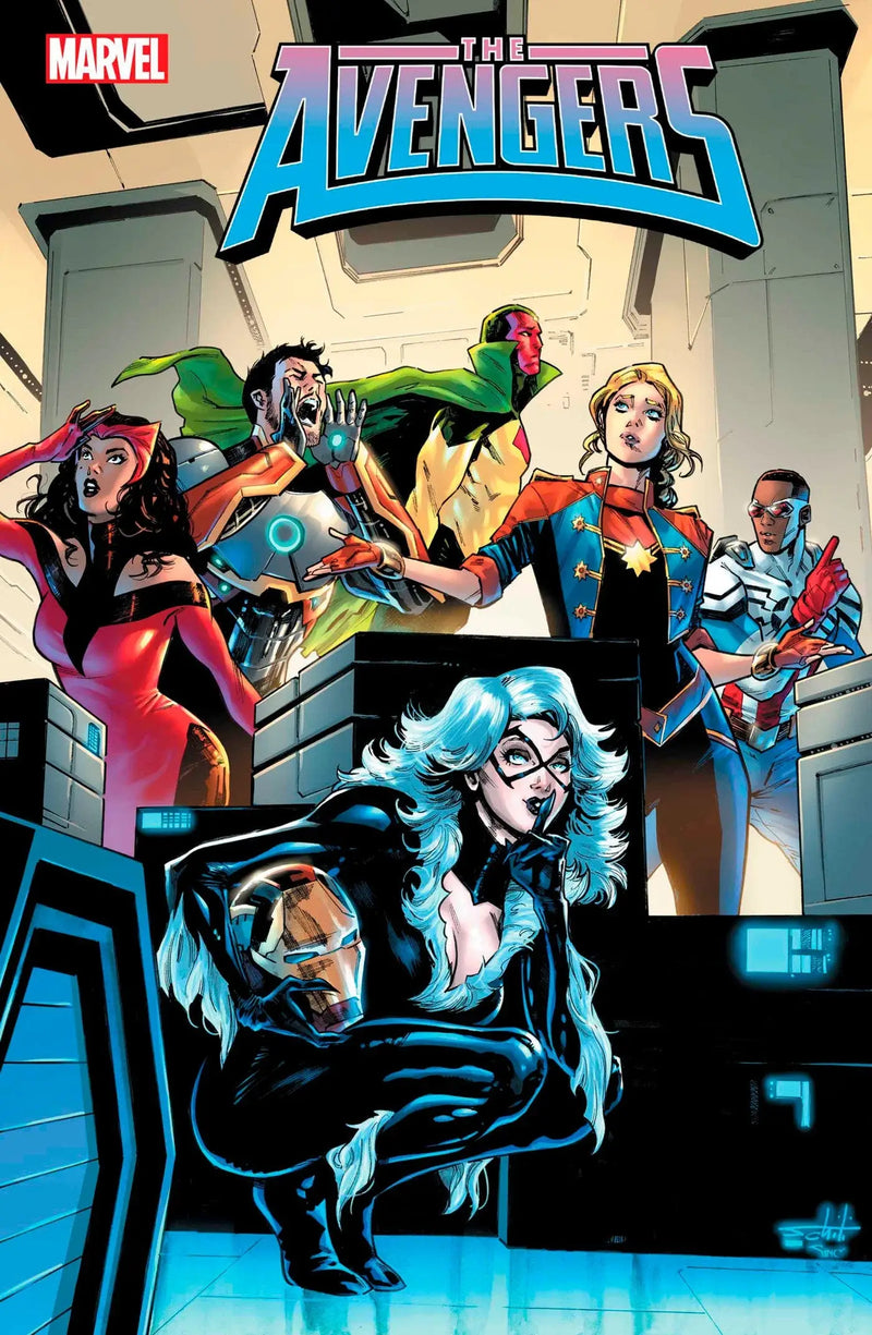 Avengers #23 comic book cover featuring Marvel superheroes and Black Cat character