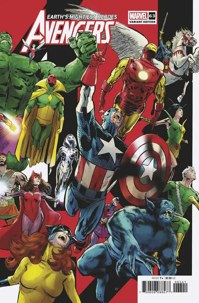 Comic book cover of Avengers Assemble in action poses for trading cards collection