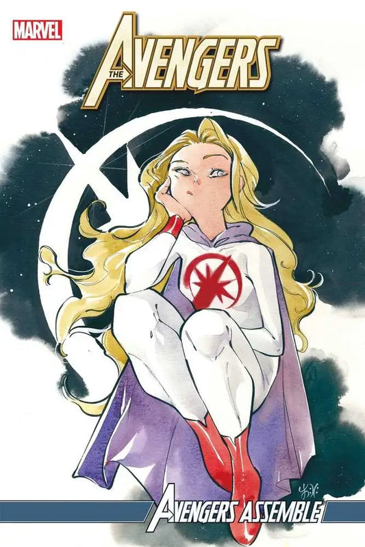 Comic book illustration of a superhero in white and purple, part of Avengers #63 Momoko Variant
