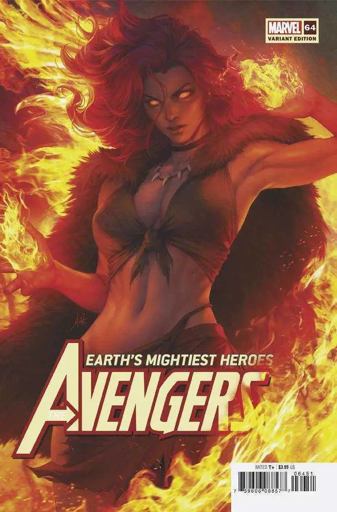 Avengers #64 Artgerm Variant features a powerful figure in vibrant orange and yellow flames