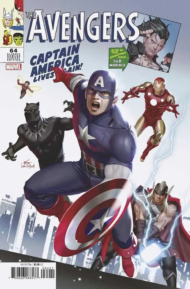 Comic book cover of Avengers #64 featuring superheroes and trading cards theme