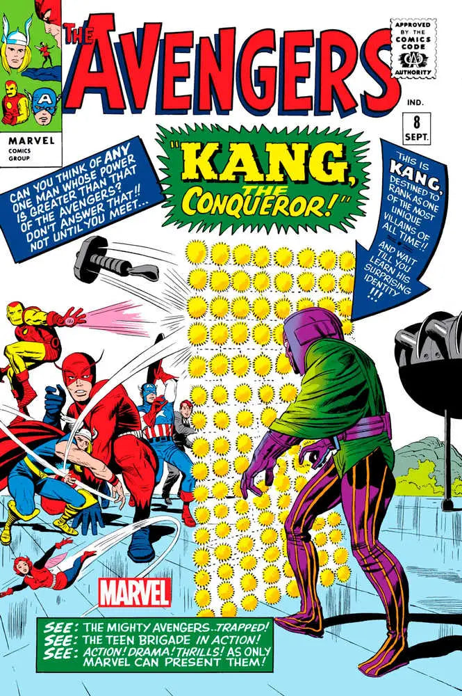 Comic book cover of Avengers #8 Facsimile Edition featuring Kang the Conqueror and trading cards