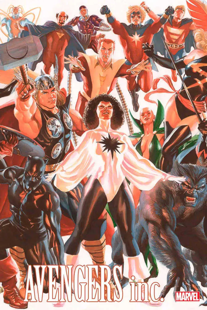 Dynamic comic book artwork of superheroes in action for Avengers Inc. 1 trading cards