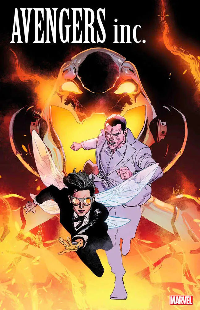 Avengers Inc. 1 Leinil Yu Variant comic book cover with action poses in fiery backdrop