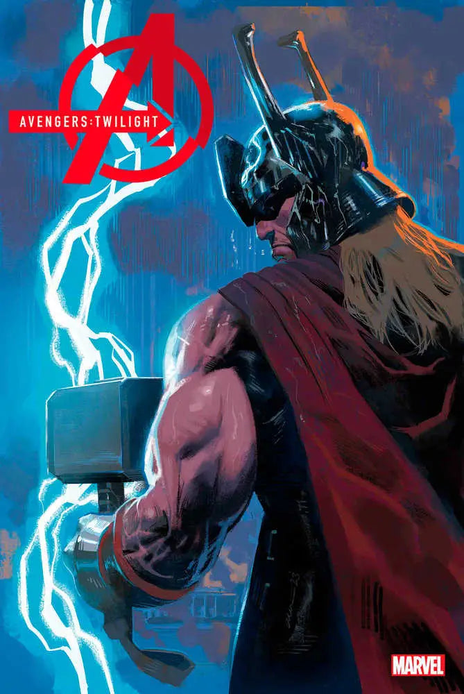 Caped figure with Thor’s hammer and lightning in Avengers: Twilight #4 trading cards