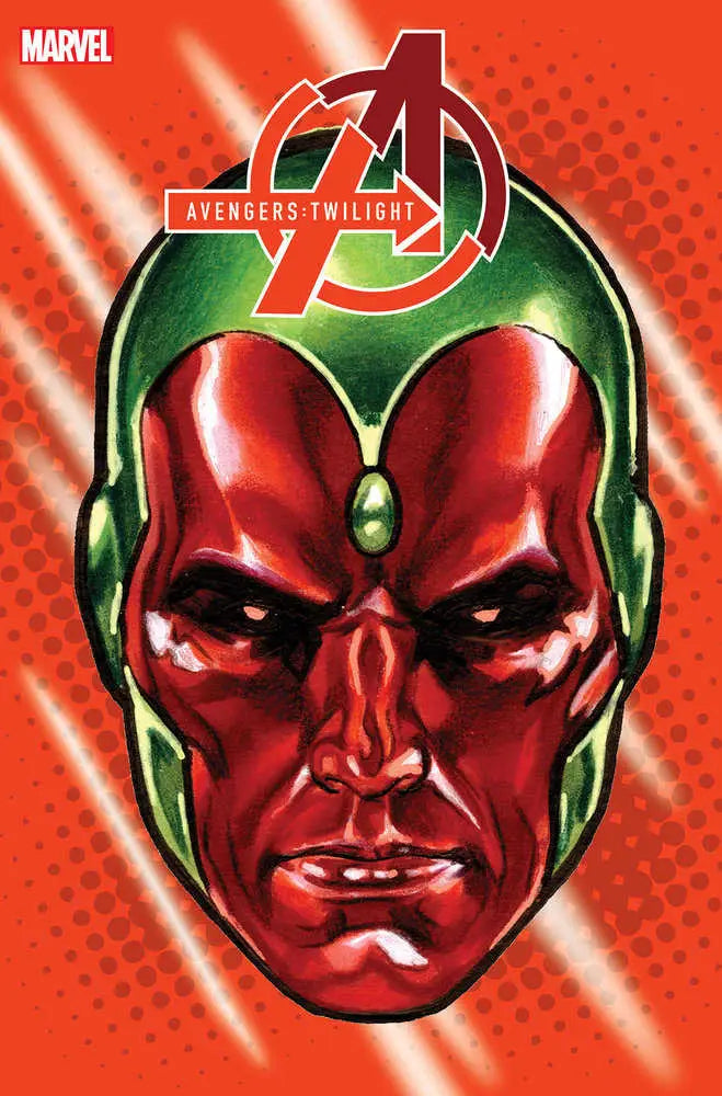 Red and green robotic face with glowing eyes on Avengers logo for trading cards variant