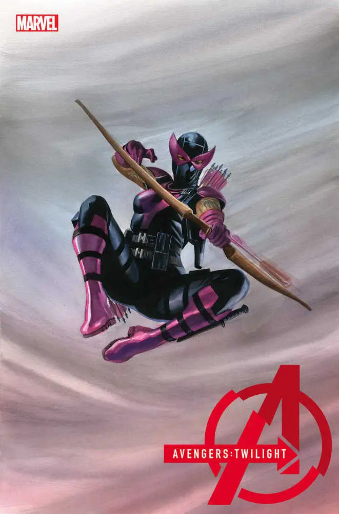 Black-and-pink superhero with staff leaps against cloudy sky in Avengers: Twilight #5 cover