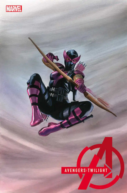 Black-and-pink superhero with staff leaps against cloudy sky in Avengers: Twilight #5 cover