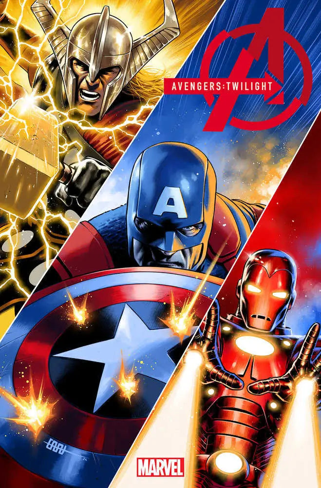 Marvel’s Avengers promotional artwork of Captain America, Iron Man, and Thor for trading cards