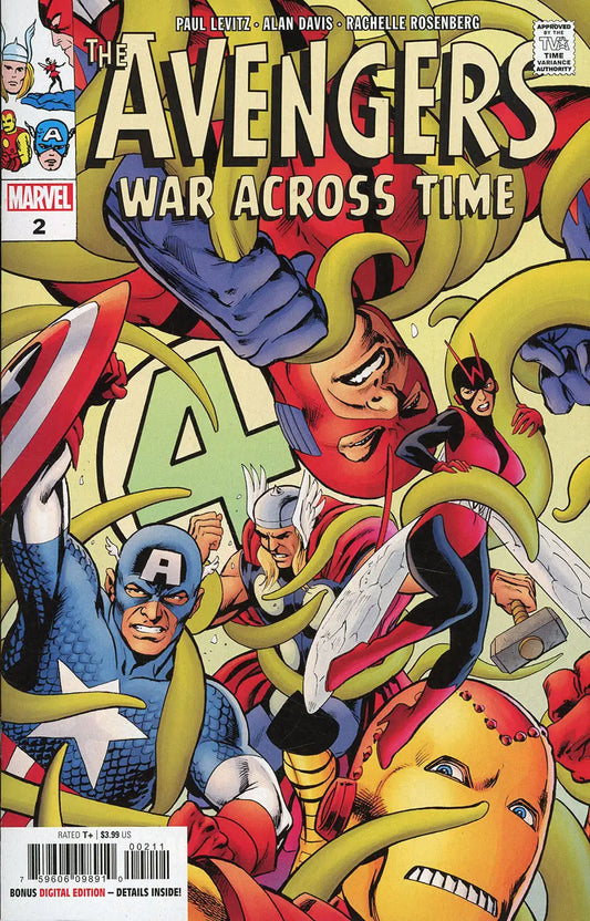 Comic book cover of Avengers superheroes in action for Avengers War Across Time #2 trading cards