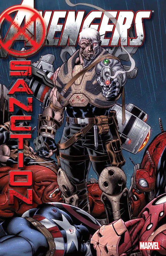Robotic character with metallic armor and glowing red eyes on Avengers Sanction cover