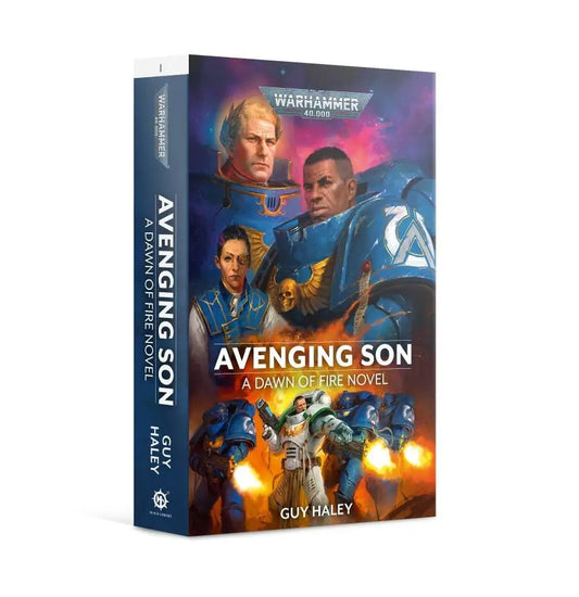 Hardcover science fiction novel cover with colorful illustration for Avenging Son Warhammer 40k