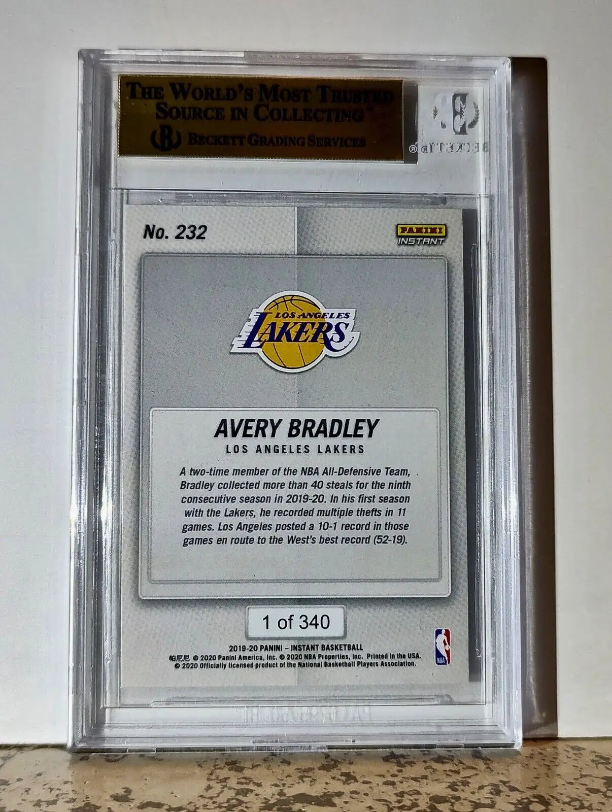 Avery Bradley 2019-20 Panini NBA #232 Card 1 of 340 BGS 9.5 Gem Mint Los Angeles - Basketball Card Single