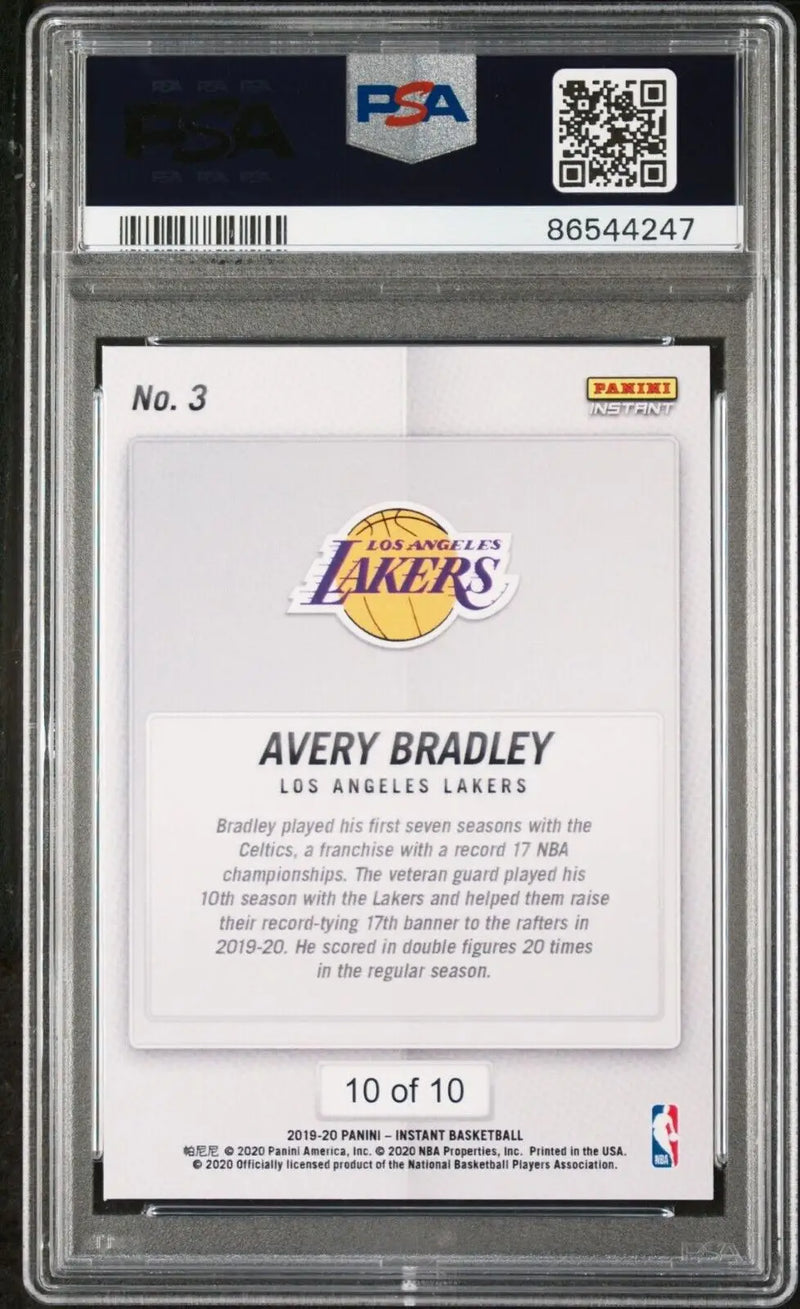 Avery Bradley 2020 Panini LA Lakers NBA Champions #3 Green Card 10/10 PSA 9 Mint