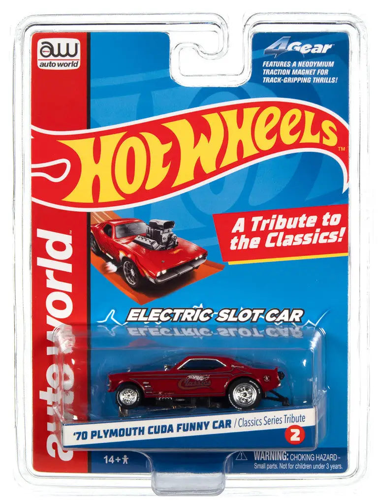 Hot Wheels SC382 R1 Slot Car packaging featuring a red Plymouth Cuda Funny Car model