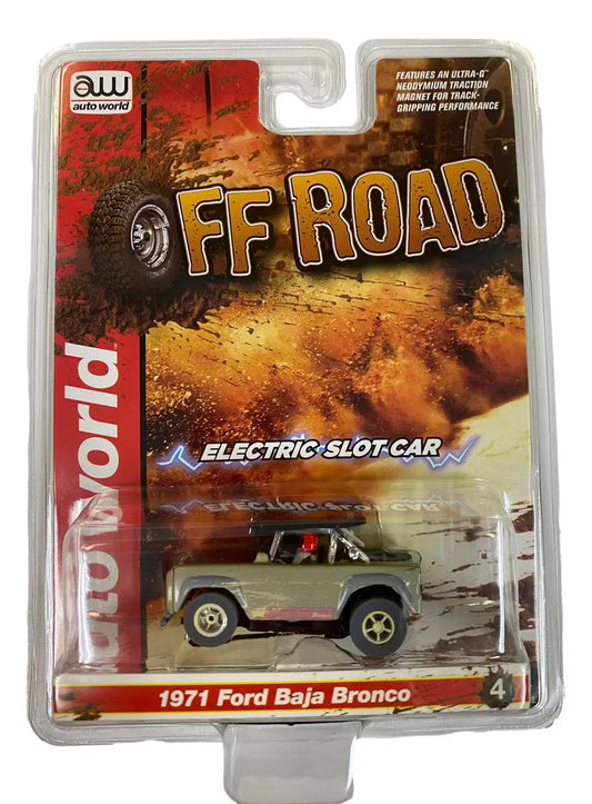 Packaged toy model of a Ford Baja Bronco in Green, SC375 R1 Slot Car design