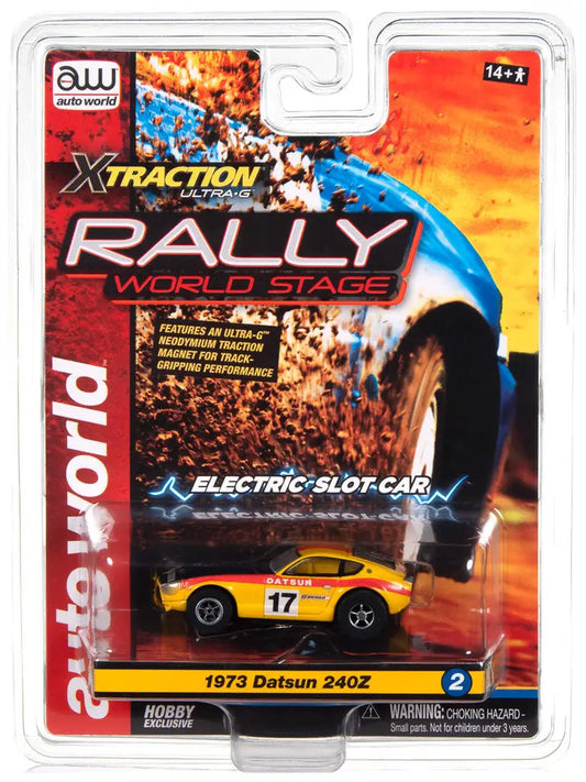 Yellow 1973 Datsun 240Z model in AW Rally World Stage SC403 R1 Slot Car packaging