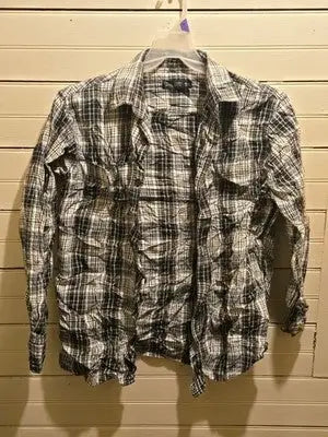 Faded Glory Shirt Mens M Black White Plaid Long Sleeve Button Up Chest Pockets - Apparel