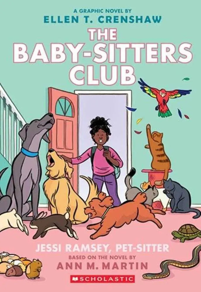 Baby Sitters Club graphic novel cover with diverse characters and pets in front of a house