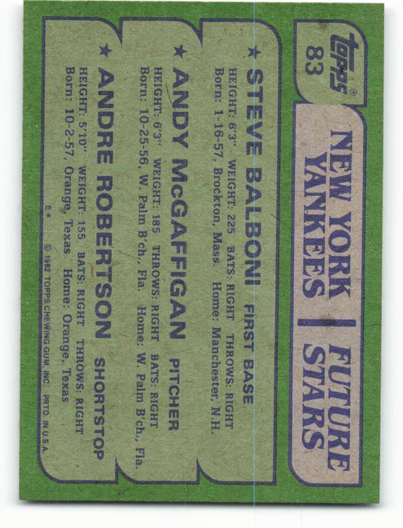 1982 Topps #83 Steve Balboni/Andy McGaffigan/Andre Robertson EX Excellent RC Rookie New York Yankees Baseball Card  Image 2