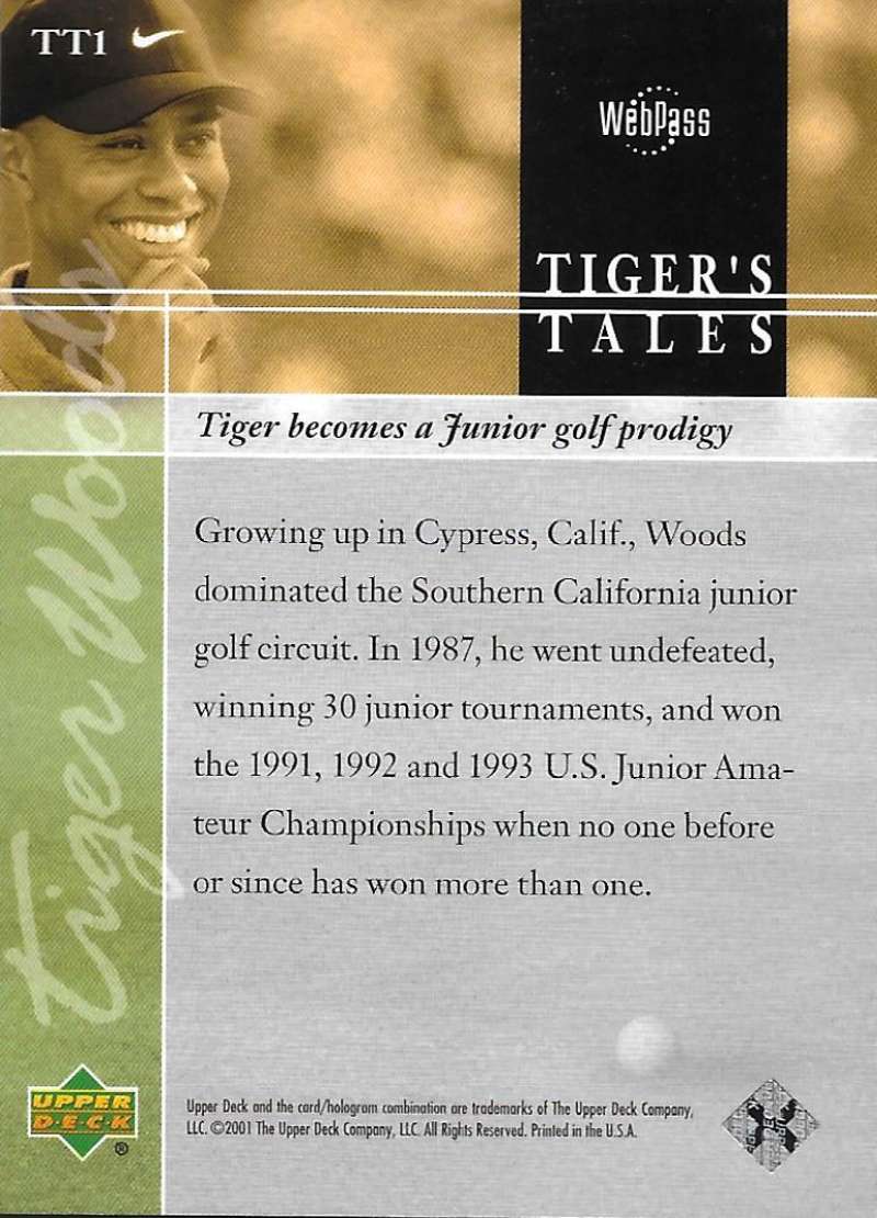 2001 Upper Deck Tiger's Tales #TT1 Tiger Woods EX Excellent Golf Card  Image 2