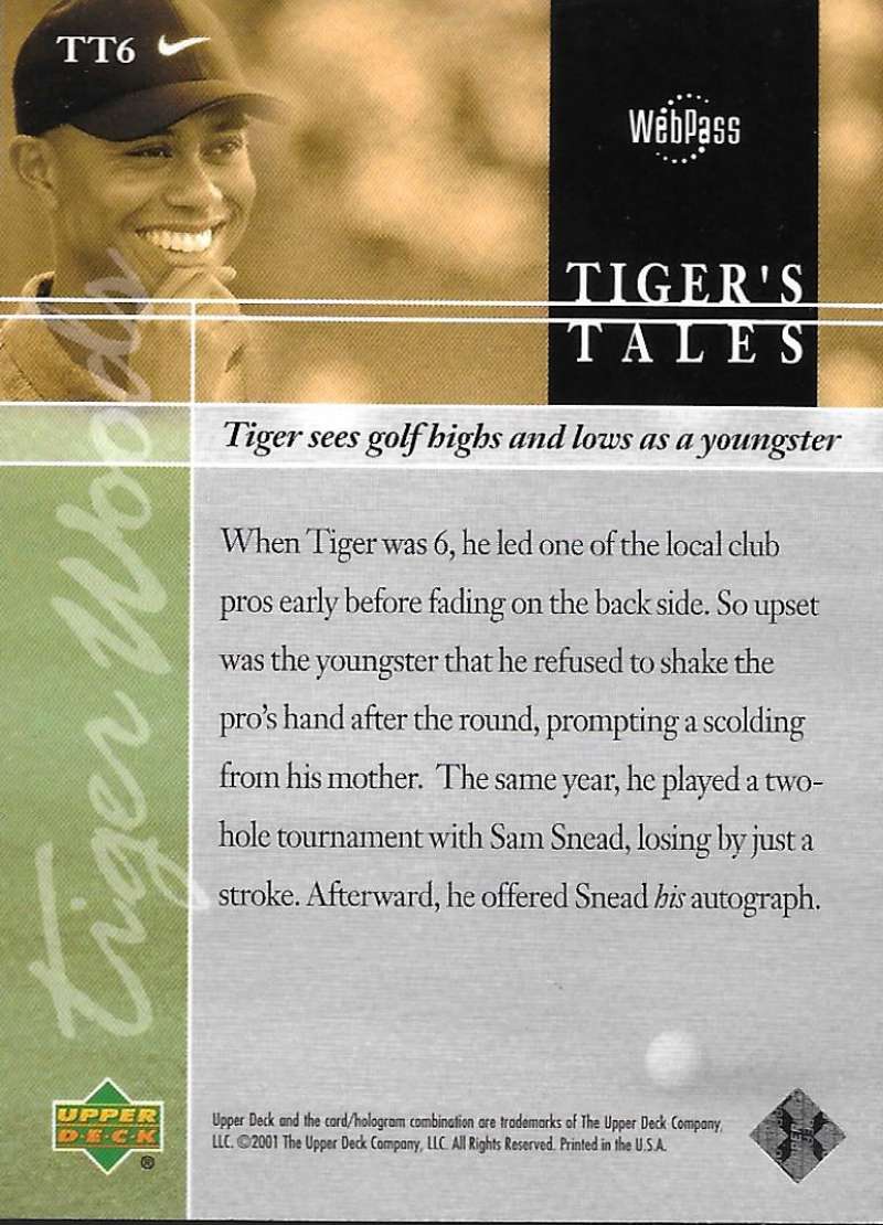 2001 Upper Deck Tiger's Tales #TT6 Tiger Woods EX Excellent Golf Card  Image 2