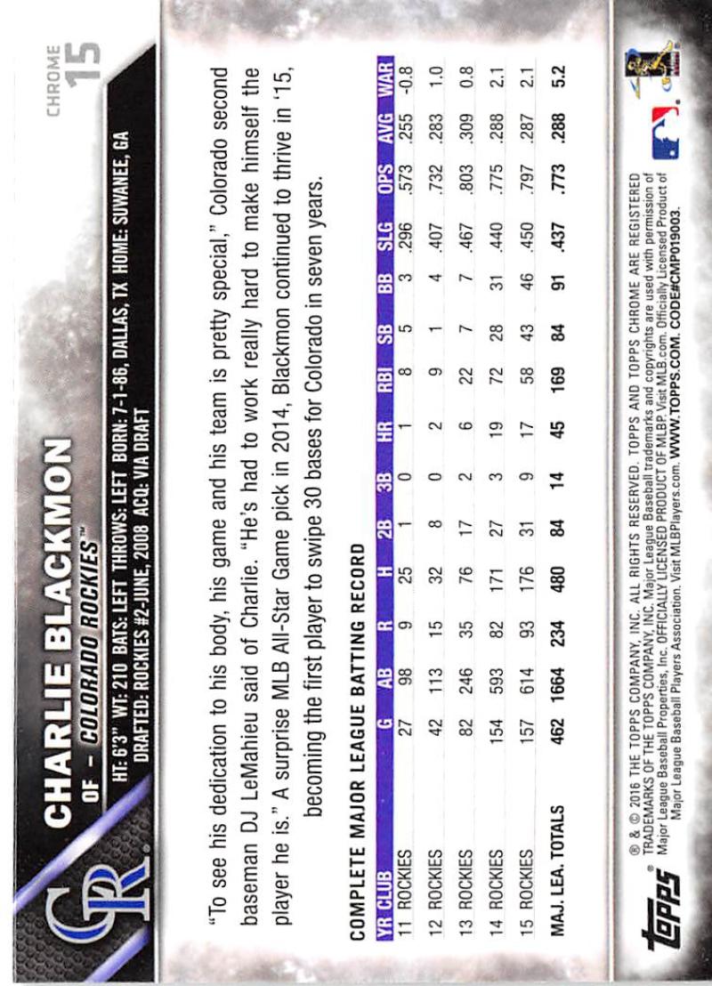 2016 Topps Chrome #15 Charlie Blackmon EX Excellent Colorado Rockies Baseball Card  Image 2