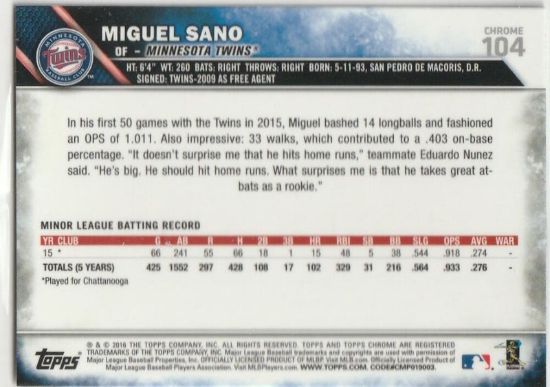 2016 Topps Chrome #104 Miguel Sano EX Excellent RC Rookie Minnesota Twins Baseball Card  Image 2