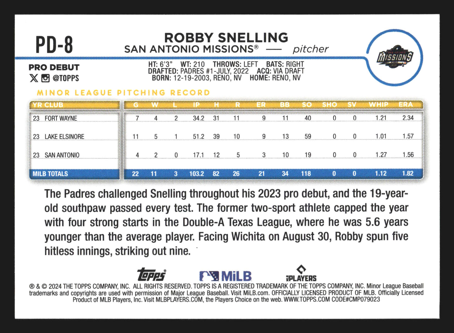 2024 Topps Pro Debut #PD-8 Robby Snelling San Antonio Missions Padres