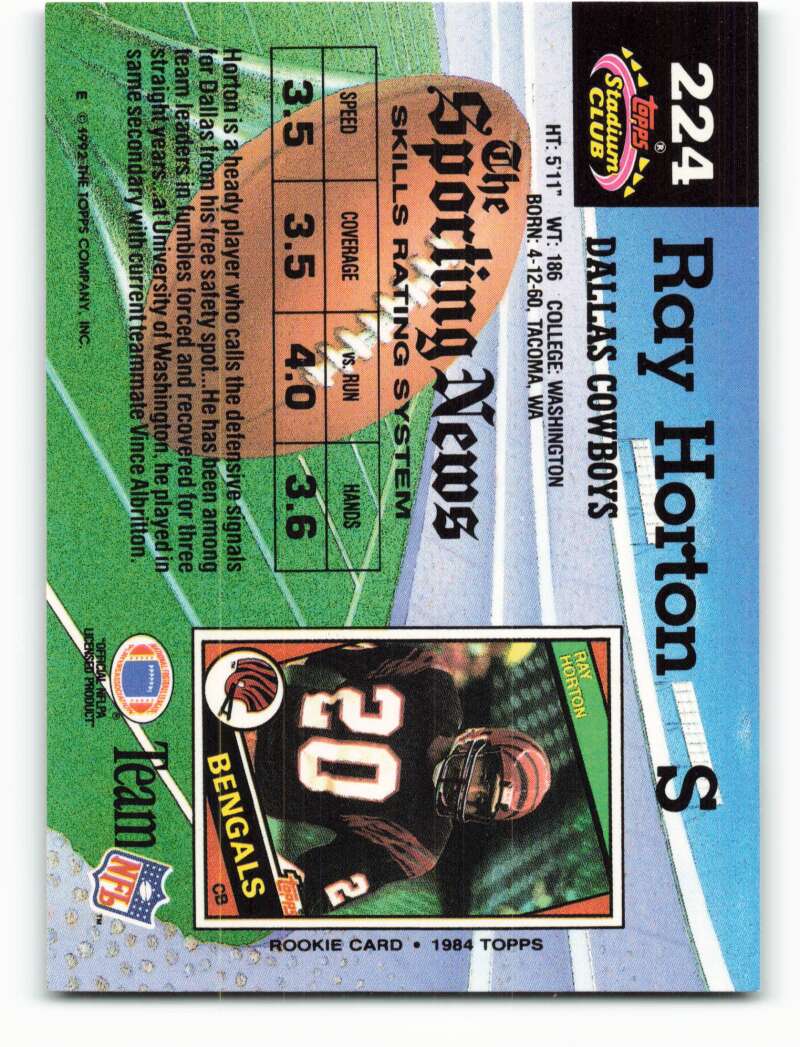 1992 Topps Stadium Club #224 Ray Horton EX Excellent Dallas Cowboys Football Card  Image 2