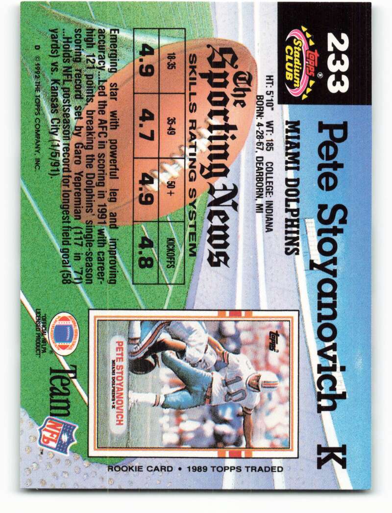 1992 Topps Stadium Club #233 Pete Stoyanovich EX Excellent Miami Dolphins Football Card  Image 2