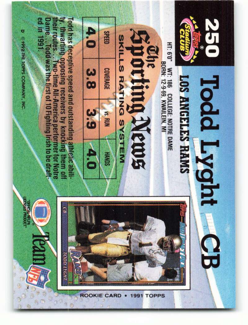 1992 Topps Stadium Club #250 Todd Lyght EX Excellent Los Angeles Rams Football Card  Image 2