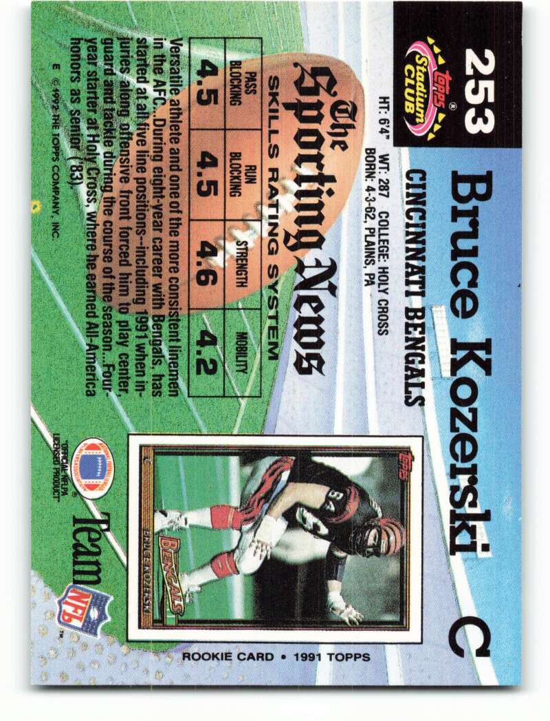 1992 Topps Stadium Club #253 Bruce Kozerski EX Excellent Cincinnati Bengals Football Card  Image 2