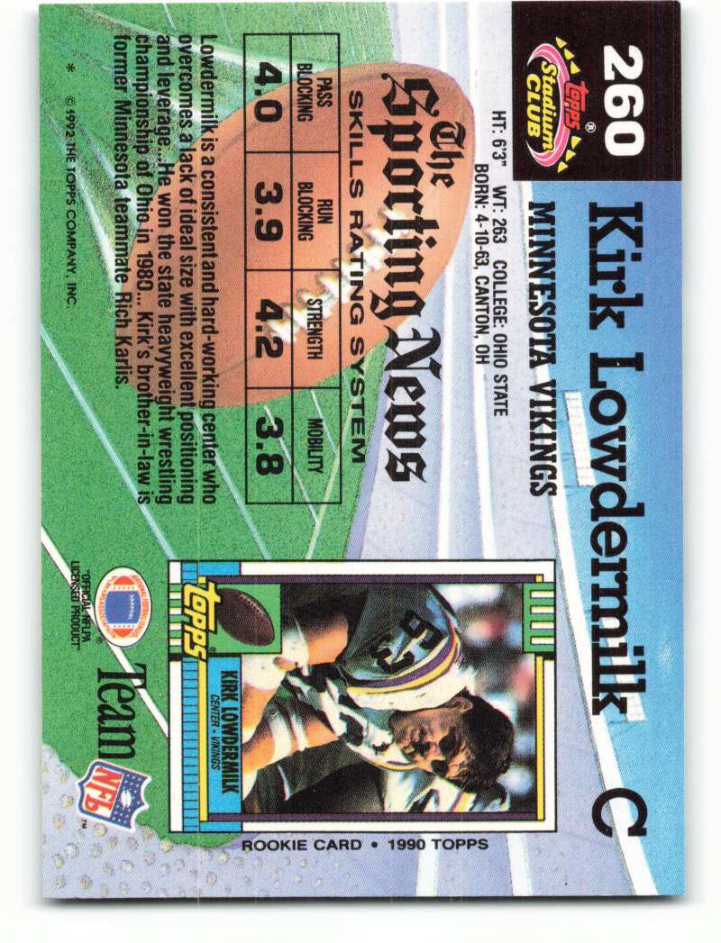 1992 Topps Stadium Club #260 Kirk Lowdermilk EX Excellent Minnesota Vikings Football Card  Image 2