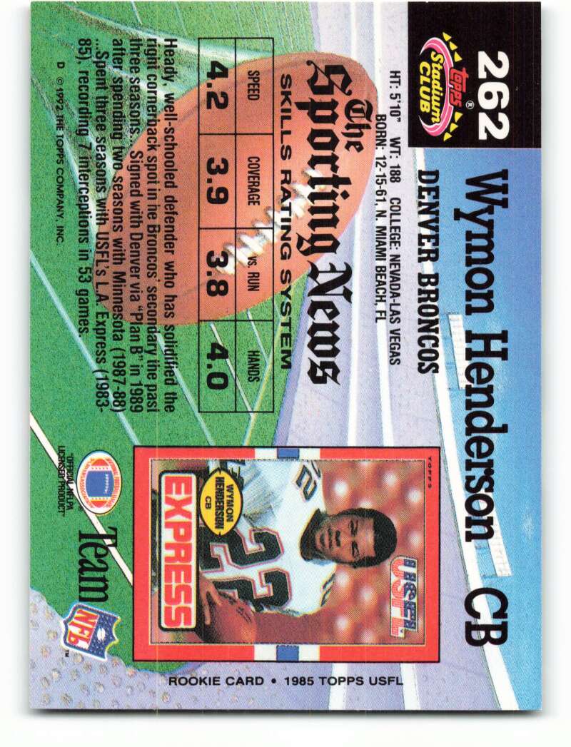 1992 Topps Stadium Club #262 Wymon Henderson EX Excellent Denver Broncos Football Card  Image 2