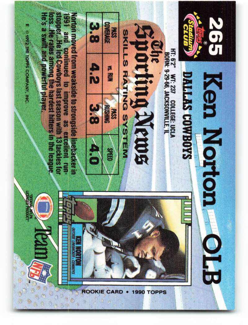 1992 Topps Stadium Club #265 Ken Norton Jr. EX Excellent Dallas Cowboys Football Card  Image 2